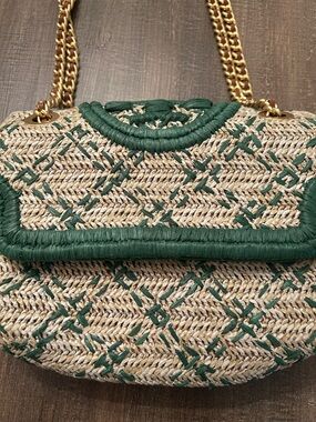 Tory Burch Straw Shoulder Bag with Green Trim and Gold Chain